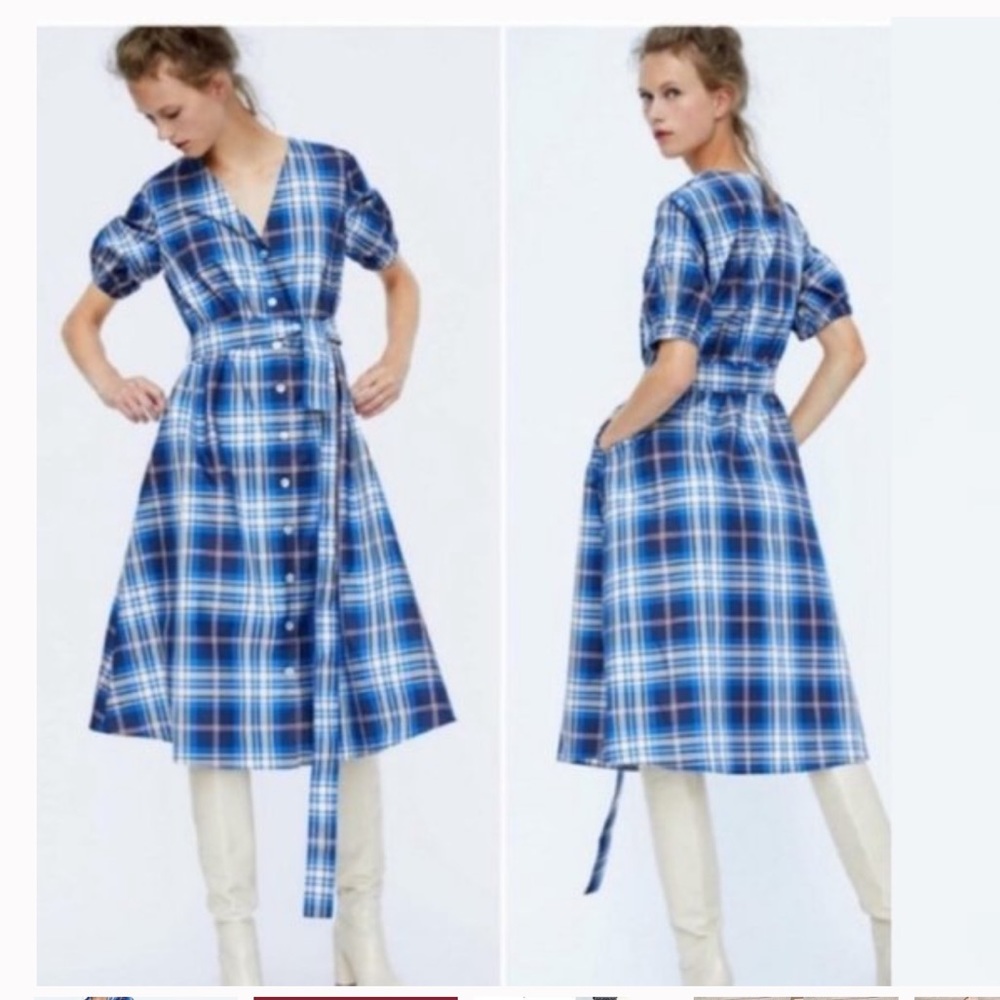 Zara blue tartan plaid puff sleeve midi dress size small